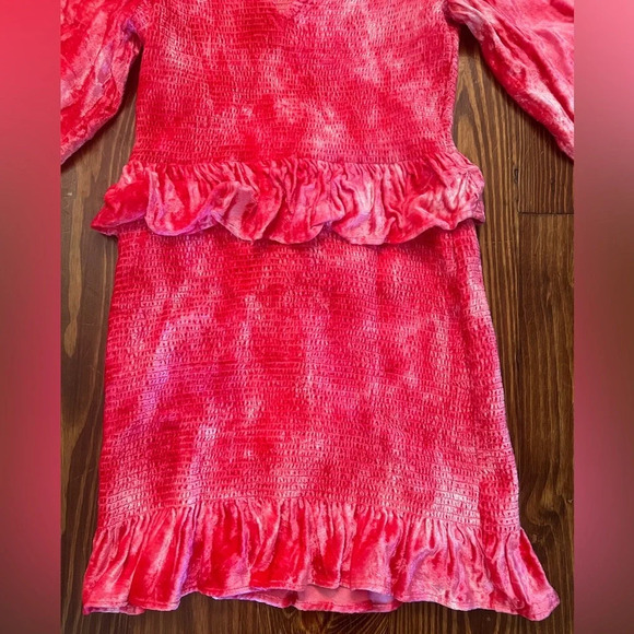 LOVESHACKFANCY Evan Tie Dye Long Sleeve Velvet Mini Dress Viscose Hot Pink - Picture 6 of 11